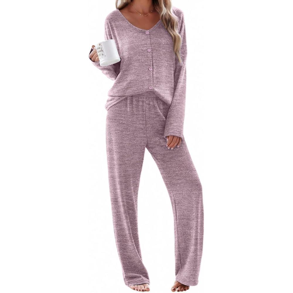imageEkouaer Womens Pajama Sets Button Up Long Sleeve Pjs Soft Lounge Set 2 Piece Sleepwear with PocketsPink