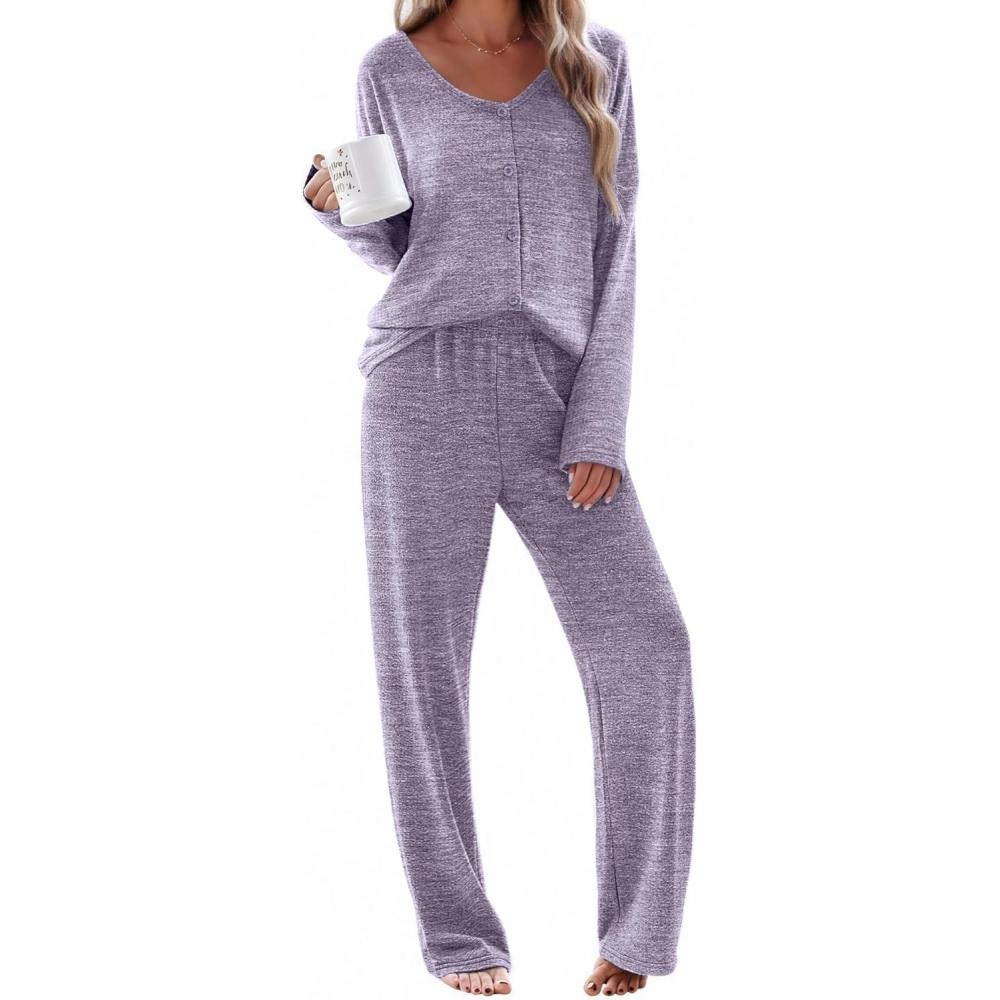 imageEkouaer Womens Pajama Sets Button Up Long Sleeve Pjs Soft Lounge Set 2 Piece Sleepwear with PocketsPurple