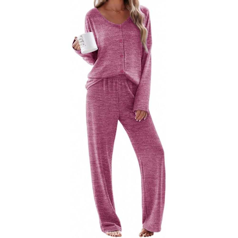 imageEkouaer Womens Pajama Sets Button Up Long Sleeve Pjs Soft Lounge Set 2 Piece Sleepwear with PocketsRose Red