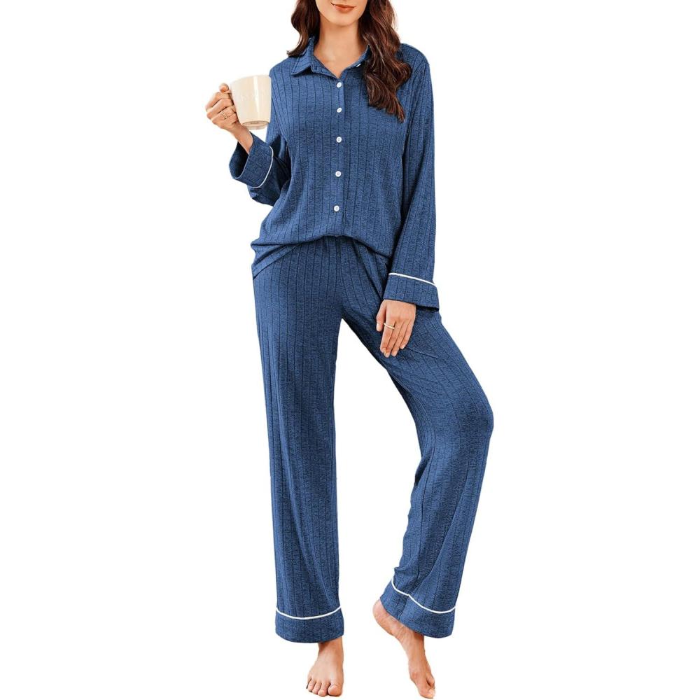 imageEkouaer Womens Pajama Sets Long Sleeve Ribbed Knit Lounge Set Button Down Soft 2 Piece Pjs With PocketsBlue