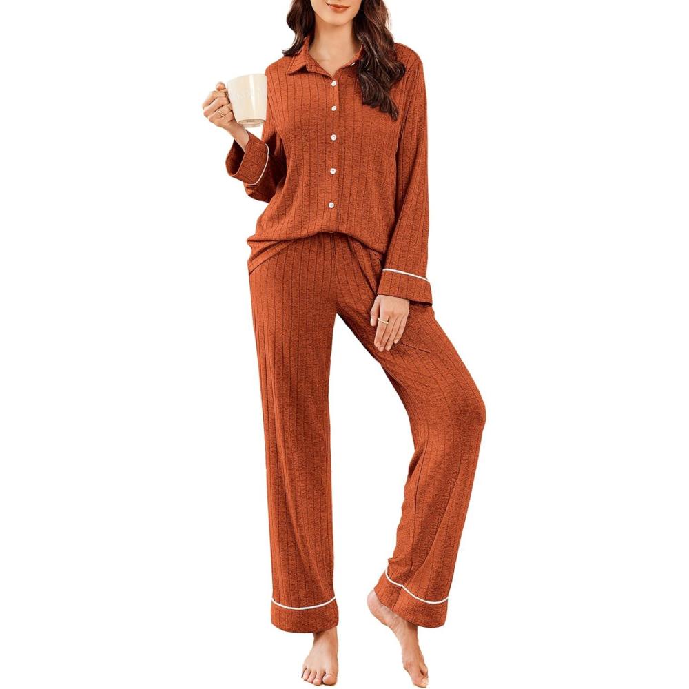 imageEkouaer Womens Pajama Sets Long Sleeve Ribbed Knit Lounge Set Button Down Soft 2 Piece Pjs With PocketsCaramel