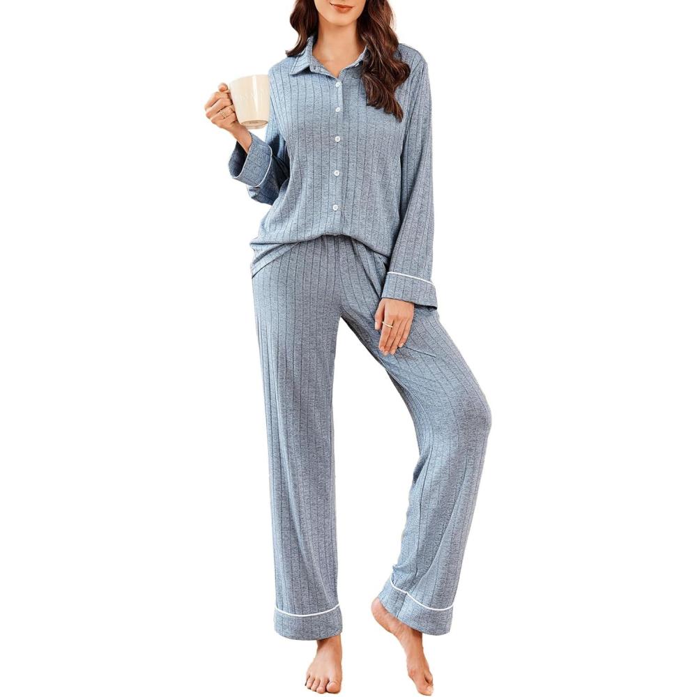 imageEkouaer Womens Pajama Sets Long Sleeve Ribbed Knit Lounge Set Button Down Soft 2 Piece Pjs With PocketsLight Blue