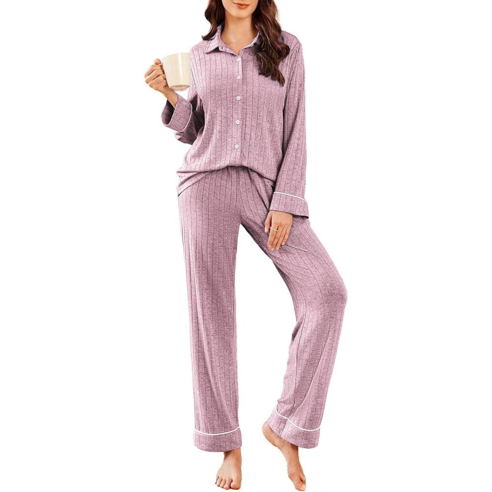 imageEkouaer Womens Pajama Sets Long Sleeve Ribbed Knit Lounge Set Button Down Soft 2 Piece Pjs With PocketsPink