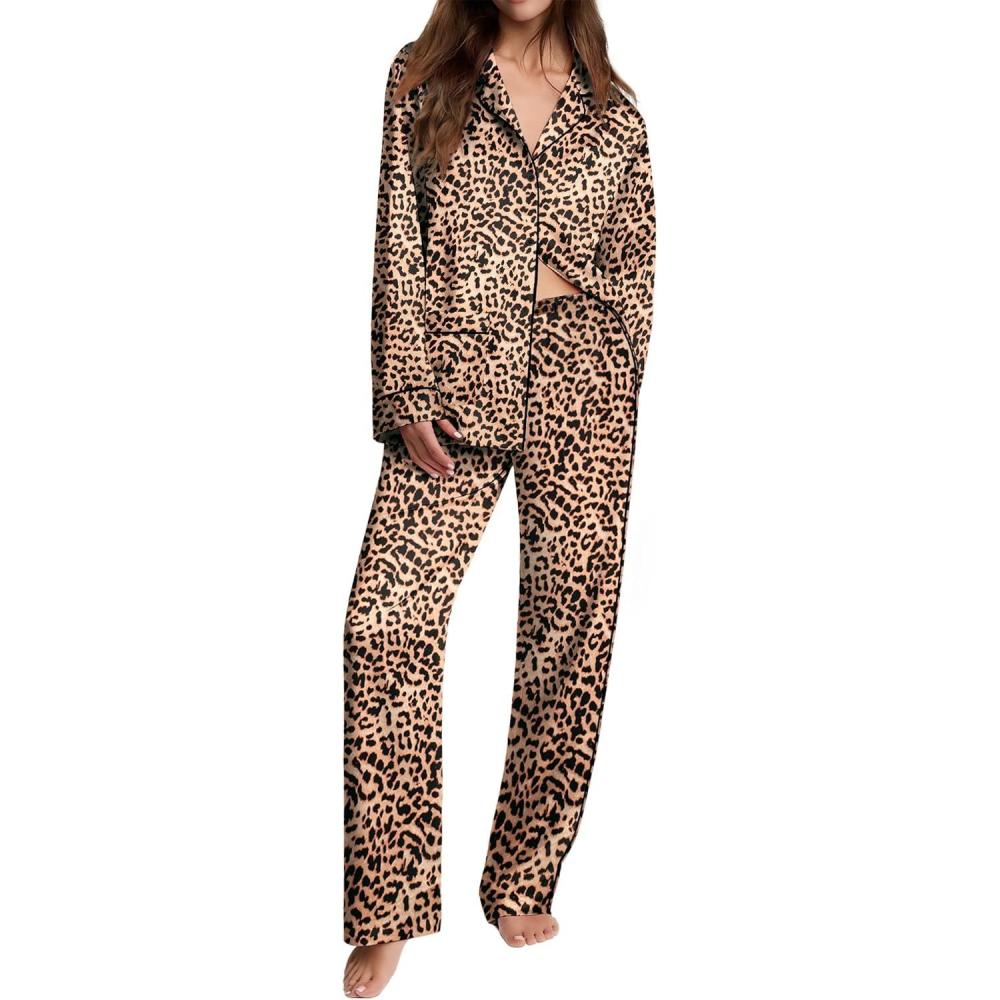 imageEkouaer Womens Pajama Sets Satin Silk Pjs Classic Button Down Sleepwear Soft Long Sleeve Lounge SetsBrown Leopard