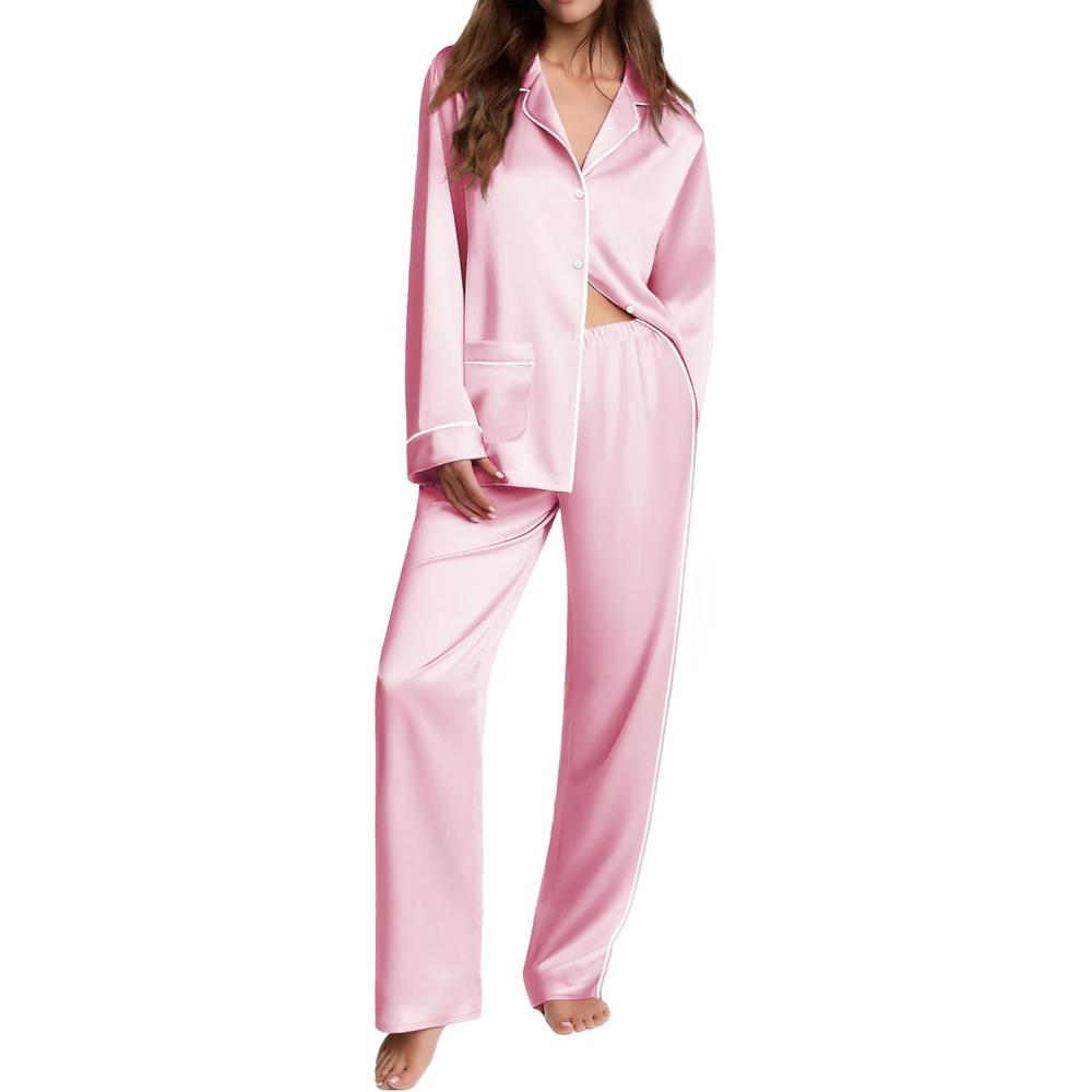 imageEkouaer Womens Pajama Sets Satin Silk Pjs Classic Button Down Sleepwear Soft Long Sleeve Lounge SetsPink