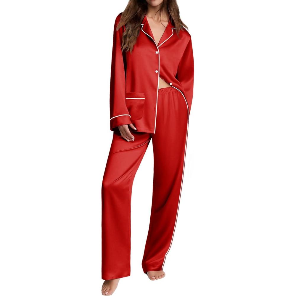 imageEkouaer Womens Pajama Sets Satin Silk Pjs Classic Button Down Sleepwear Soft Long Sleeve Lounge SetsRed
