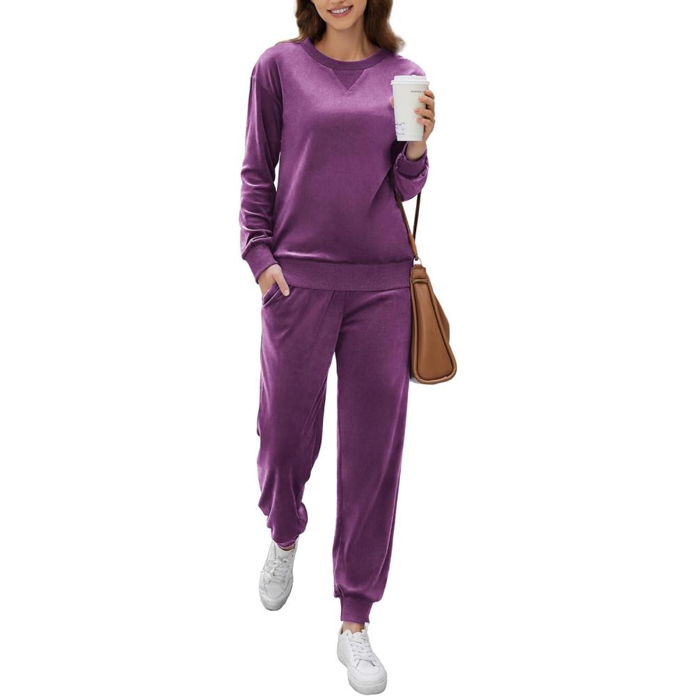 imageEkouaer Womens Pajamas Sets Velvet Long Sleeve Jogger Pjs Soft Sleepwear 2 Piece Lounge Sets Casual TracksuitsDark Purple