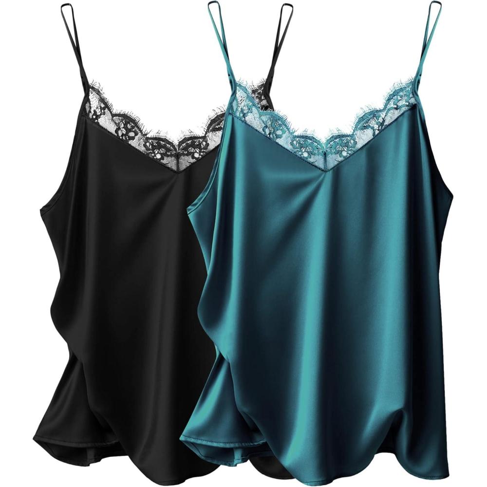 imageEkouaer Womens Satin Camisole Lace Silk Satin Pajama Tank Tops V Neck Soft Spaghetti Strap Loose SleepwearBlack  Emerald Green
