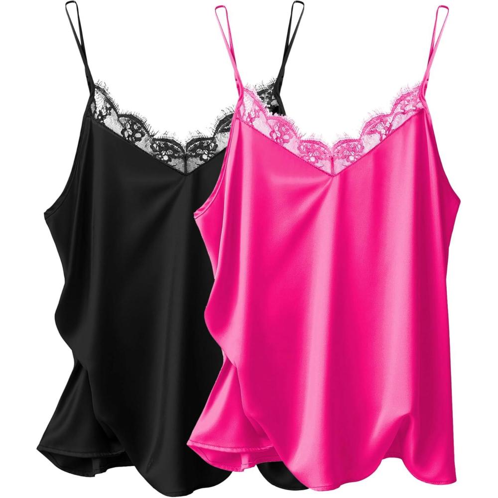 imageEkouaer Womens Satin Camisole Lace Silk Satin Pajama Tank Tops V Neck Soft Spaghetti Strap Loose SleepwearBlack  Rose Red