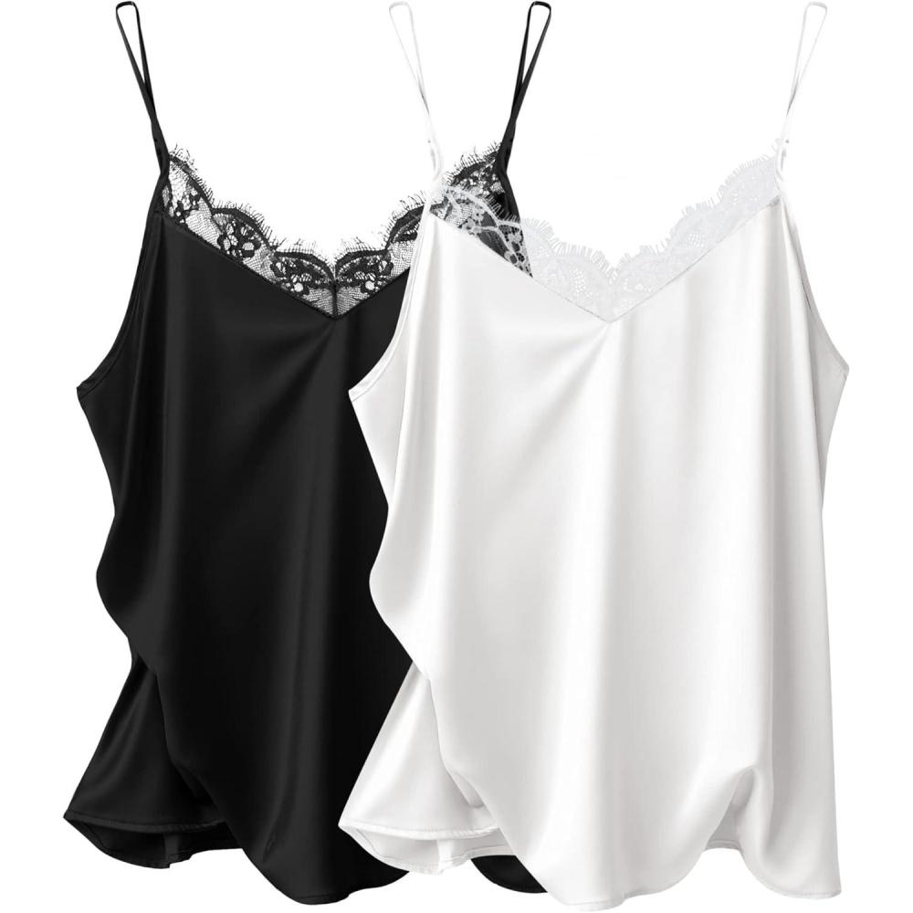 imageEkouaer Womens Satin Camisole Lace Silk Satin Pajama Tank Tops V Neck Soft Spaghetti Strap Loose SleepwearBlackWhite