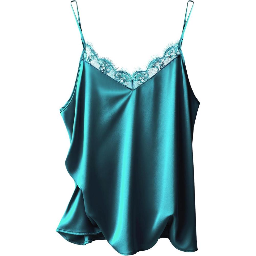 imageEkouaer Womens Satin Camisole Lace Silk Satin Pajama Tank Tops V Neck Soft Spaghetti Strap Loose SleepwearBlue Green
