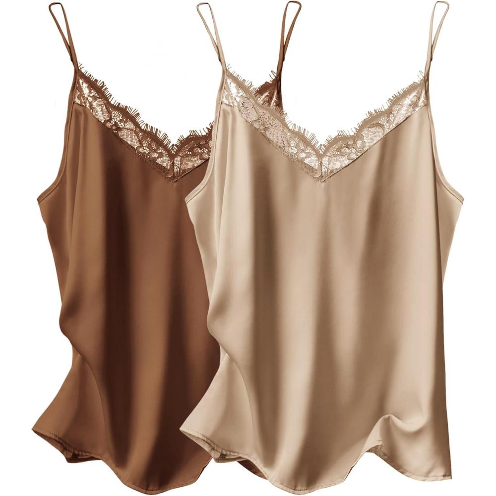 imageEkouaer Womens Satin Camisole Lace Silk Satin Pajama Tank Tops V Neck Soft Spaghetti Strap Loose SleepwearBrowncaramel