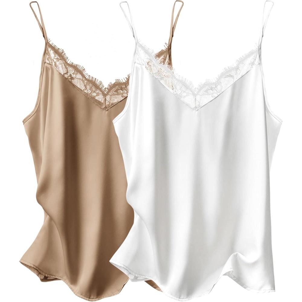 imageEkouaer Womens Satin Camisole Lace Silk Satin Pajama Tank Tops V Neck Soft Spaghetti Strap Loose SleepwearCaramelwhite