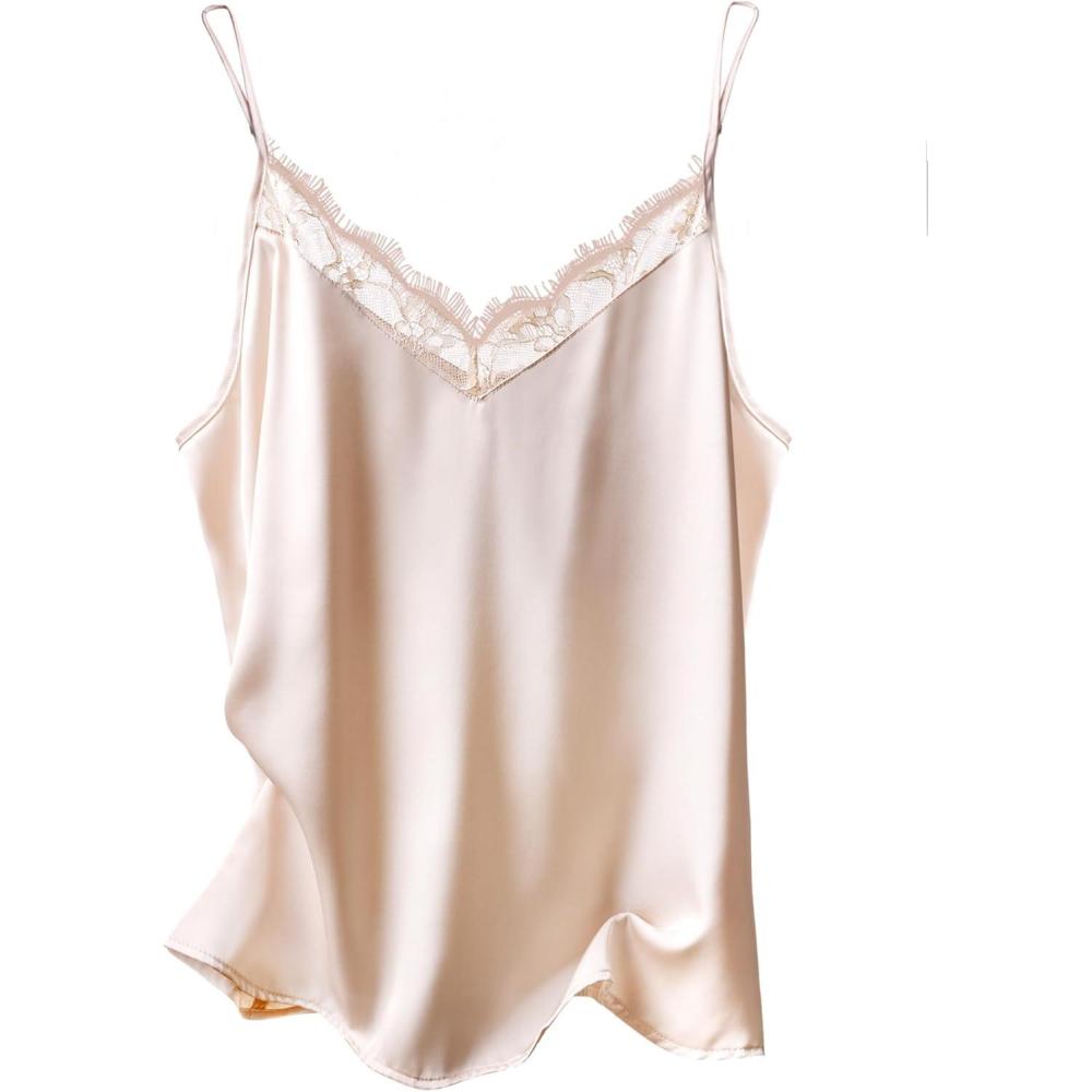 imageEkouaer Womens Satin Camisole Lace Silk Satin Pajama Tank Tops V Neck Soft Spaghetti Strap Loose SleepwearChampagne