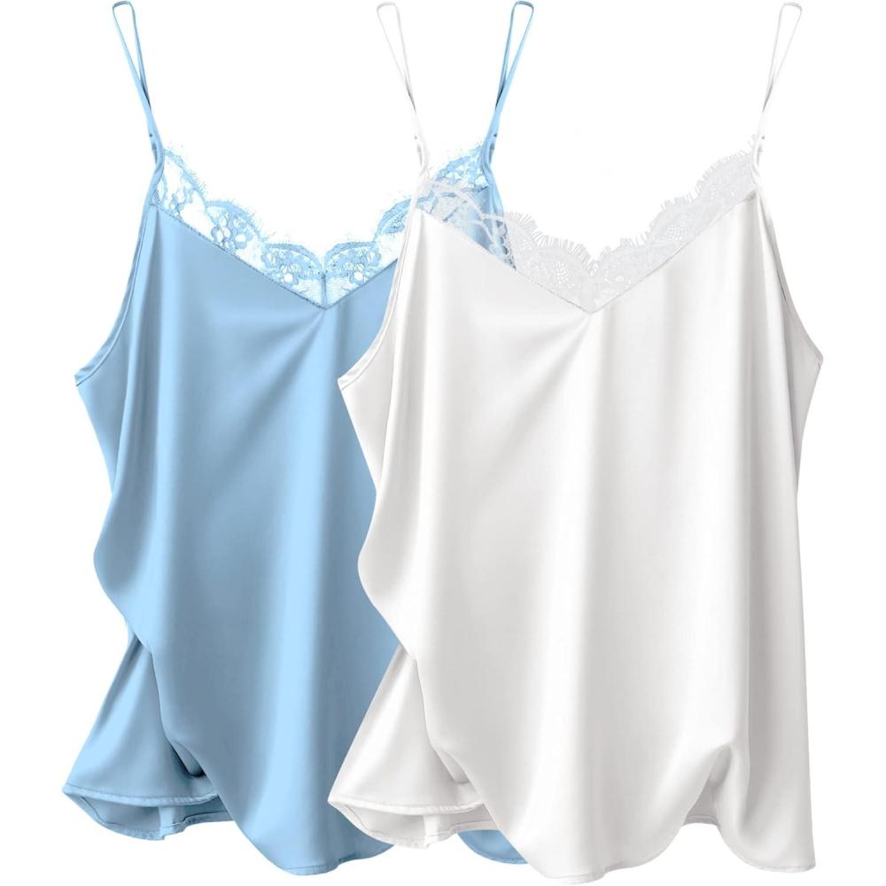 imageEkouaer Womens Satin Camisole Lace Silk Satin Pajama Tank Tops V Neck Soft Spaghetti Strap Loose SleepwearWhite Light Blue