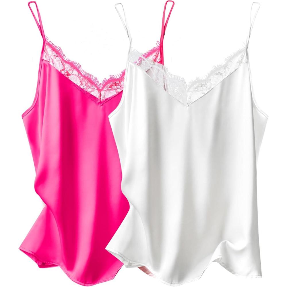 imageEkouaer Womens Satin Camisole Lace Silk Satin Pajama Tank Tops V Neck Soft Spaghetti Strap Loose SleepwearWhite Rose Red