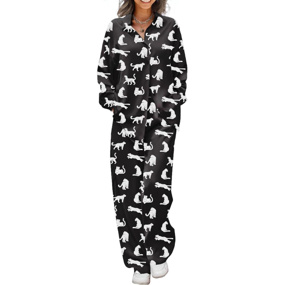 imageEkouaer Womens Satin Silky Pajama Set 2 Piece Print PJs Soft Loungewear Button Down Sleepwear with Elastic Waist Long PantsBblack Leopard