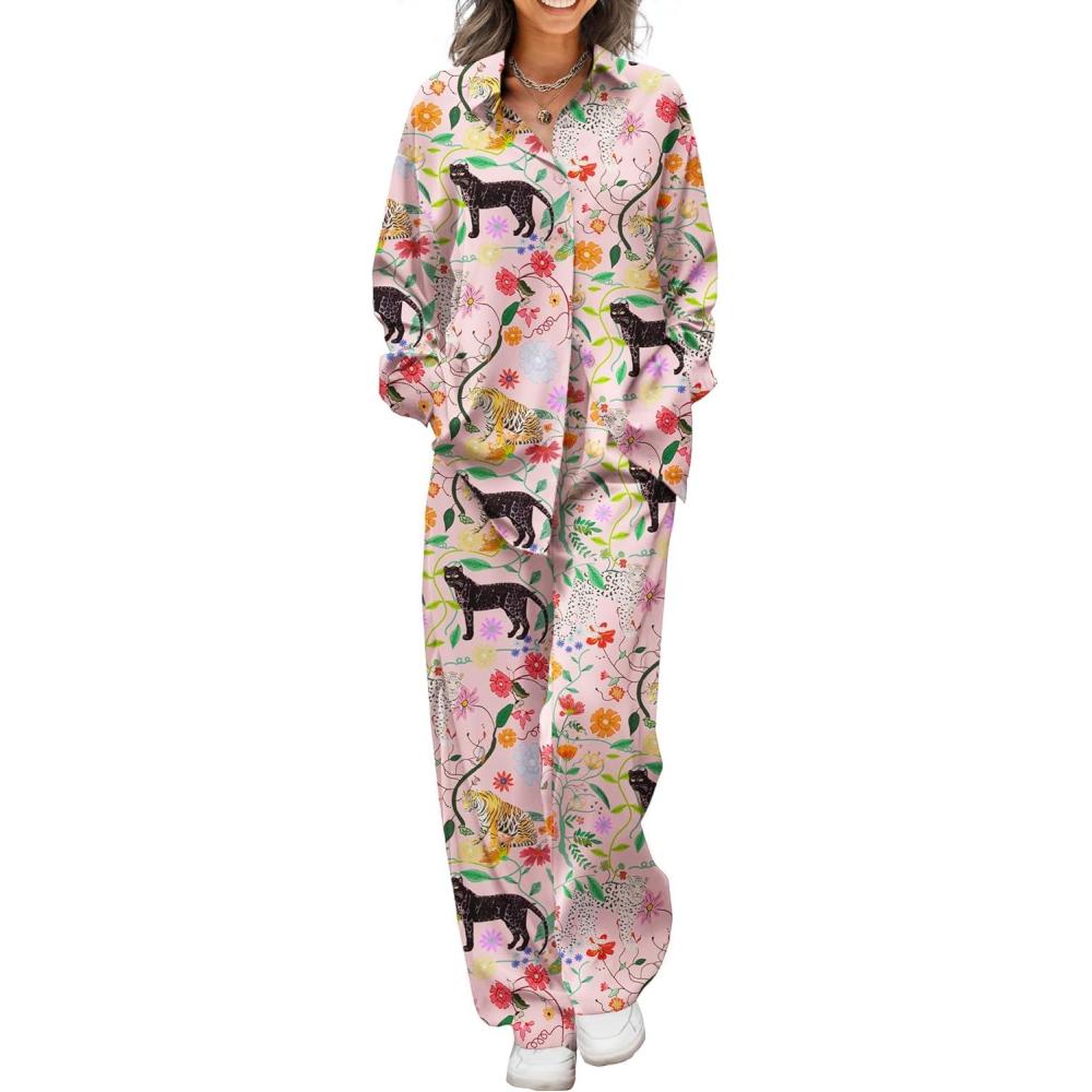 imageEkouaer Womens Satin Silky Pajama Set 2 Piece Print PJs Soft Loungewear Button Down Sleepwear with Elastic Waist Long PantsBblack Panther Seed