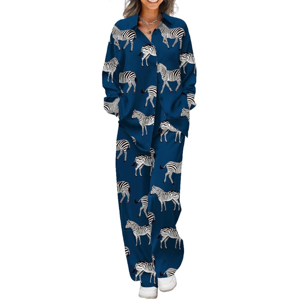 imageEkouaer Womens Satin Silky Pajama Set 2 Piece Print PJs Soft Loungewear Button Down Sleepwear with Elastic Waist Long PantsBblack Zebra