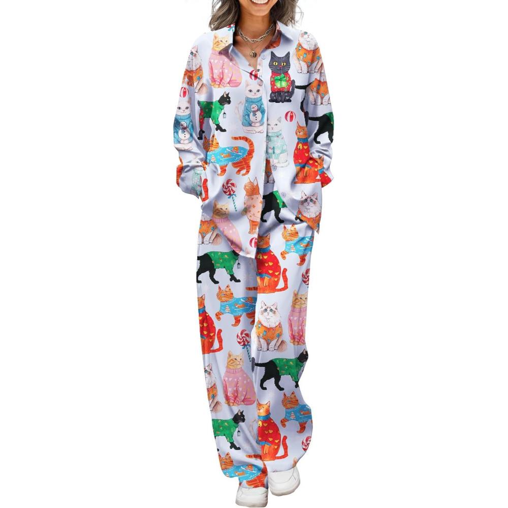 imageEkouaer Womens Satin Silky Pajama Set 2 Piece Print PJs Soft Loungewear Button Down Sleepwear with Elastic Waist Long PantsBblue Cat