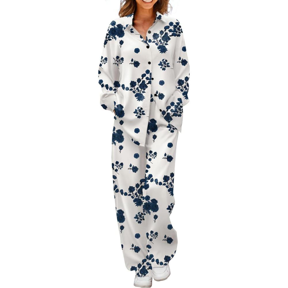 imageEkouaer Womens Satin Silky Pajama Set 2 Piece Print PJs Soft Loungewear Button Down Sleepwear with Elastic Waist Long PantsBblue Flower