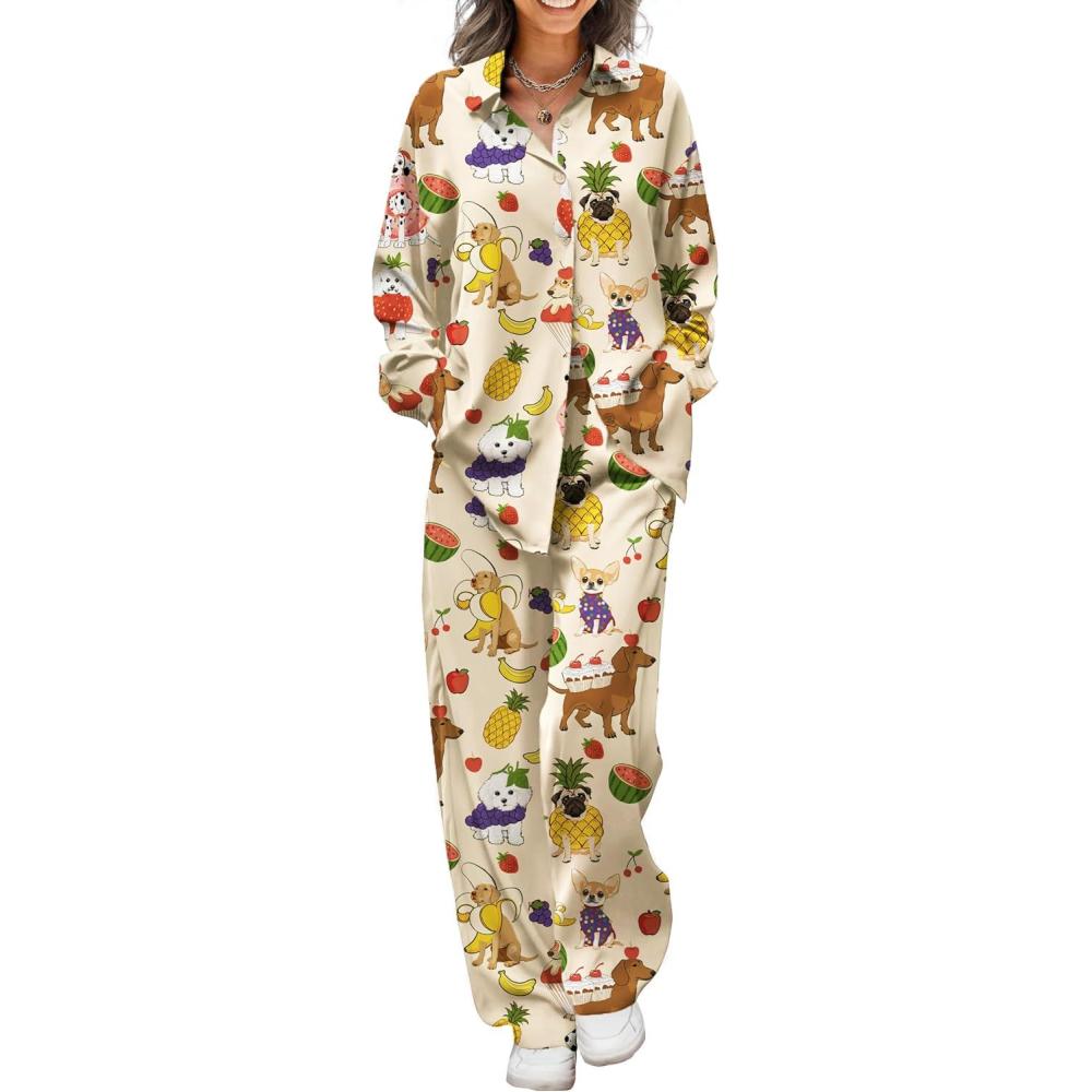 imageEkouaer Womens Satin Silky Pajama Set 2 Piece Print PJs Soft Loungewear Button Down Sleepwear with Elastic Waist Long PantsByellow Dog
