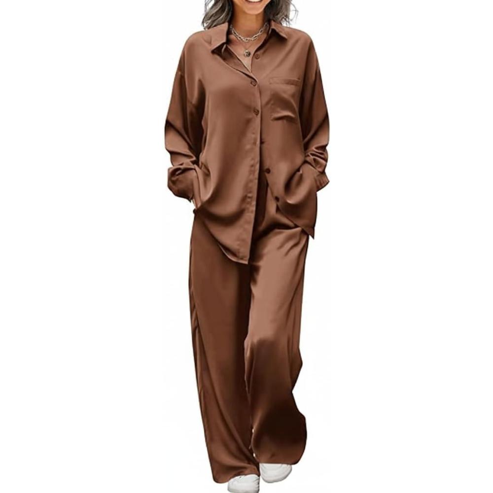 imageEkouaer Womens Satin Silky Pajama Set 2 Piece Print PJs Soft Loungewear Button Down Sleepwear with Elastic Waist Long PantsClay