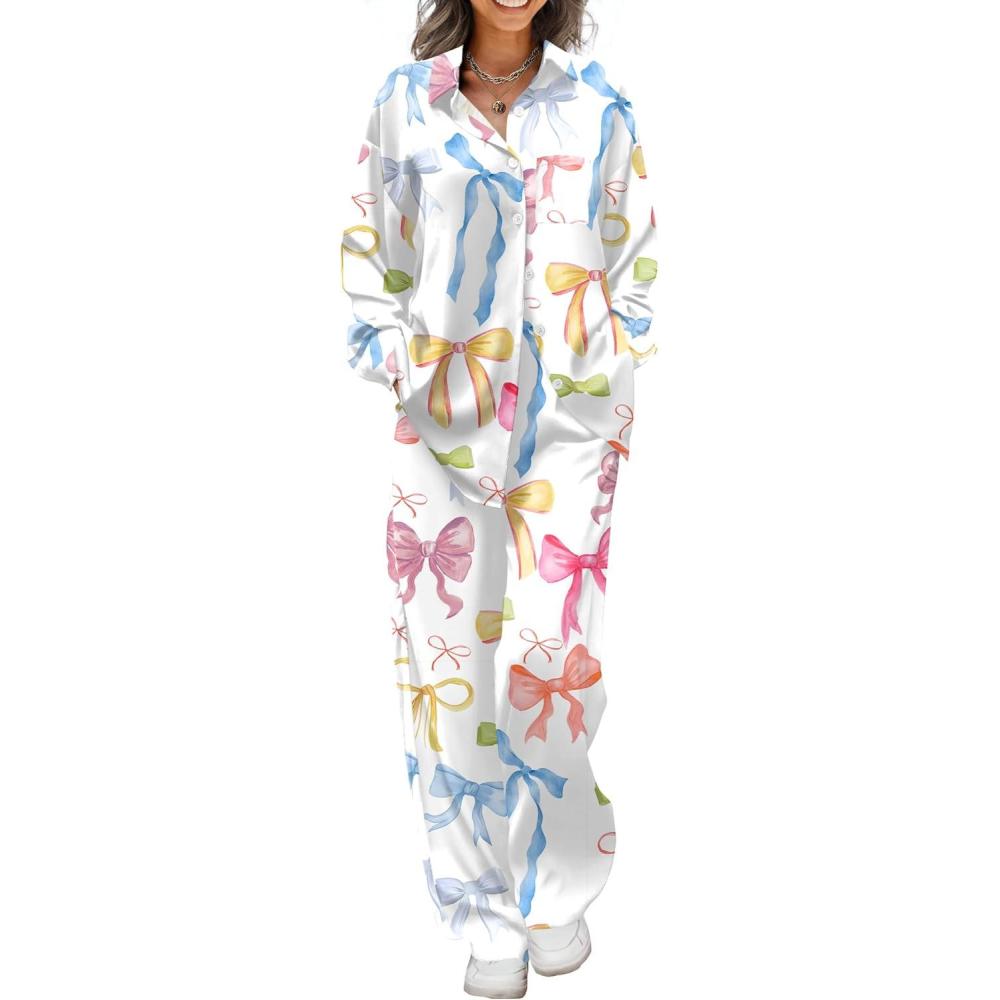 imageEkouaer Womens Satin Silky Pajama Set 2 Piece Print PJs Soft Loungewear Button Down Sleepwear with Elastic Waist Long PantsColorful Bow