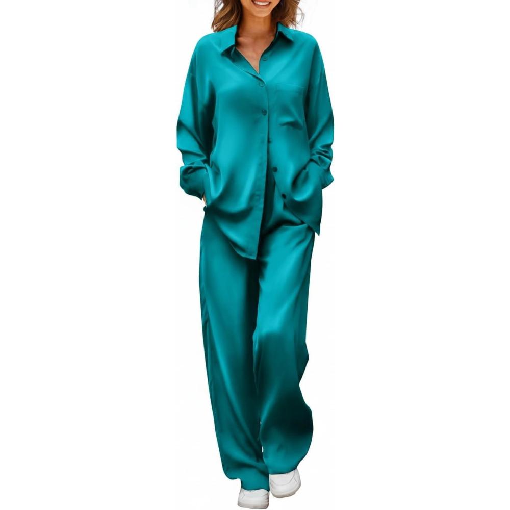 imageEkouaer Womens Satin Silky Pajama Set 2 Piece Print PJs Soft Loungewear Button Down Sleepwear with Elastic Waist Long PantsDark Peacock Blue