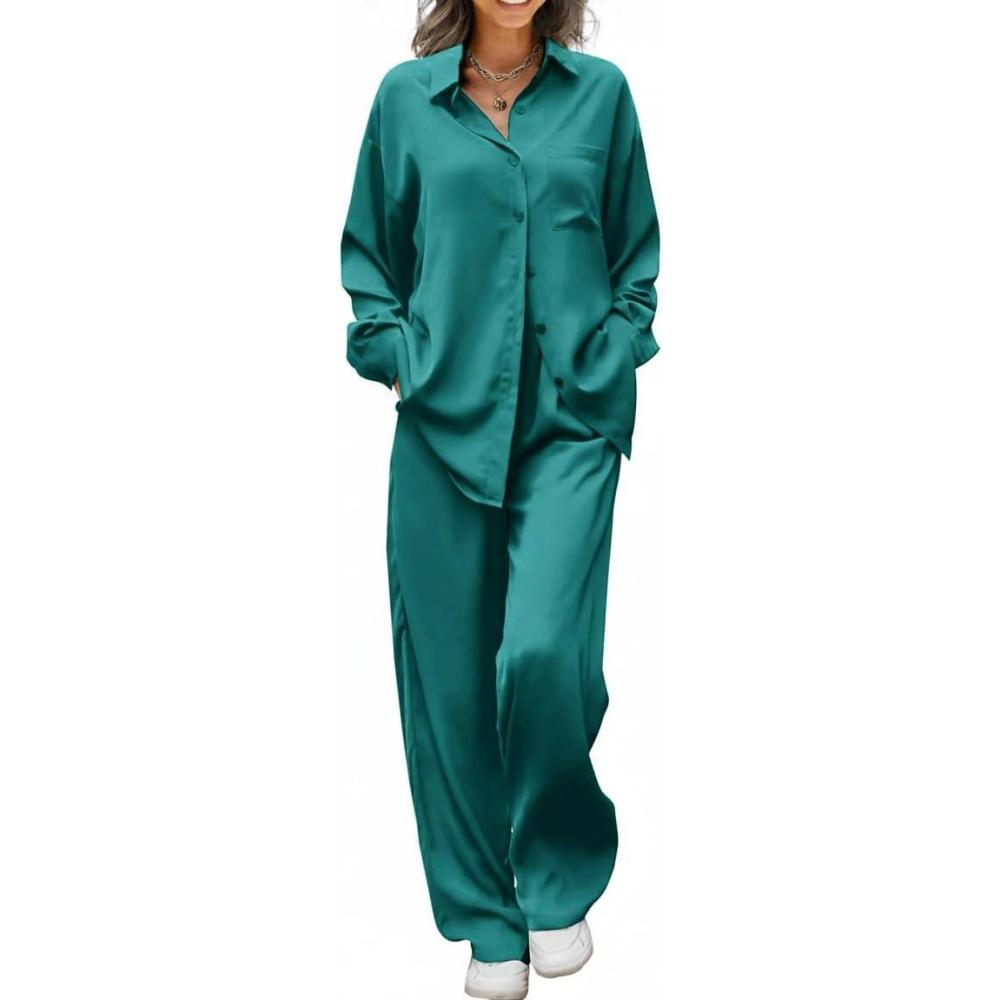 imageEkouaer Womens Satin Silky Pajama Set 2 Piece Print PJs Soft Loungewear Button Down Sleepwear with Elastic Waist Long PantsLake Green