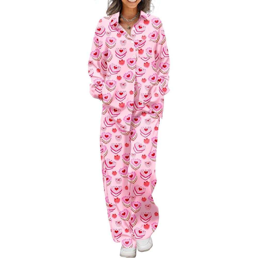 imageEkouaer Womens Satin Silky Pajama Set 2 Piece Print PJs Soft Loungewear Button Down Sleepwear with Elastic Waist Long PantsLove Cake Print