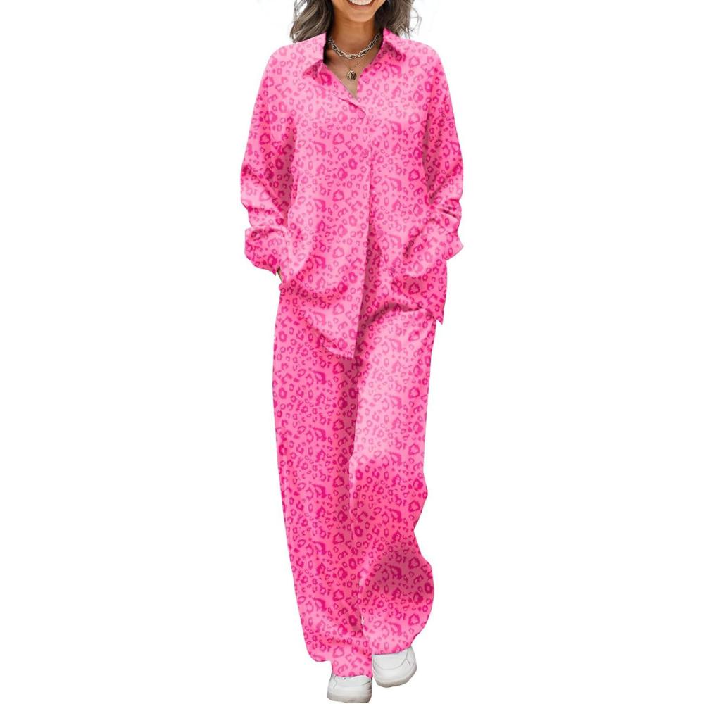 imageEkouaer Womens Satin Silky Pajama Set 2 Piece Print PJs Soft Loungewear Button Down Sleepwear with Elastic Waist Long PantsPink Leopard Print