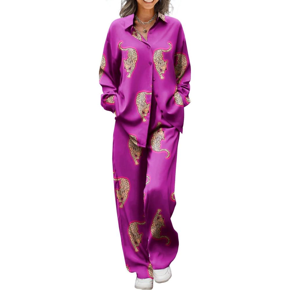 imageEkouaer Womens Satin Silky Pajama Set 2 Piece Print PJs Soft Loungewear Button Down Sleepwear with Elastic Waist Long PantsPurple Large Leopard
