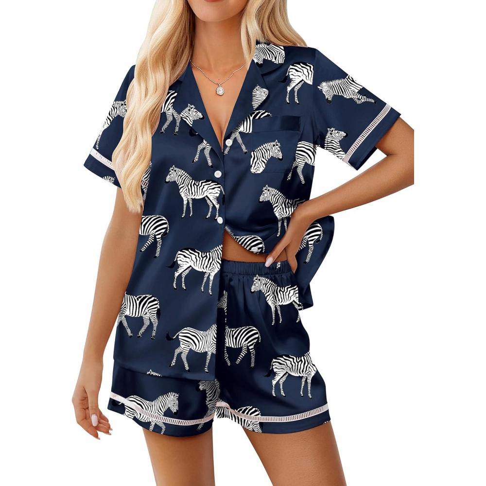 imageEkouaer Womens Silk Pajama Sets Button Up Satin Pjs Short Sleeve 2 Piece Pj Sets Cute Lounge Sets with Chest PocketNavy Blue Zebra