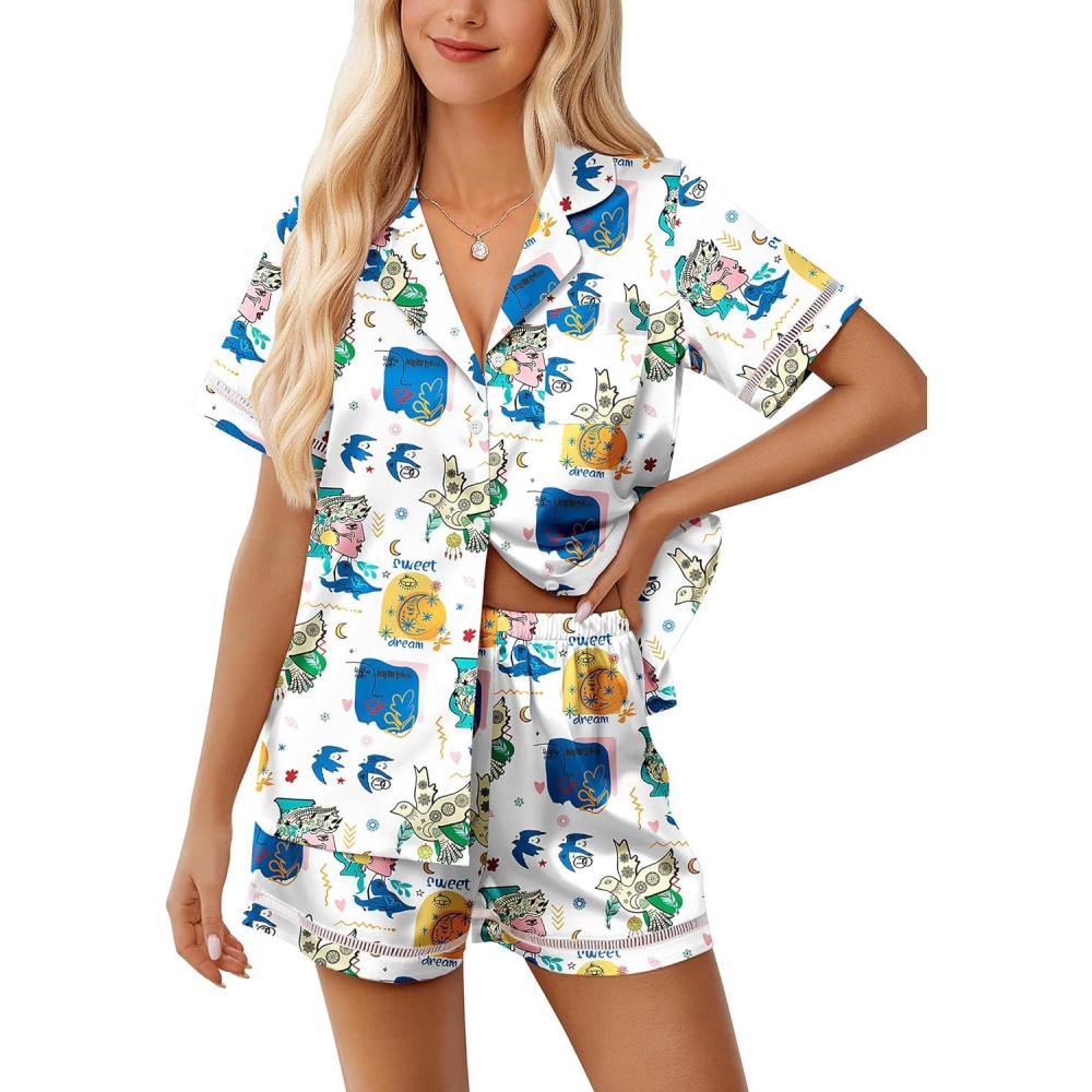imageEkouaer Womens Silk Pajama Sets Button Up Satin Pjs Short Sleeve 2 Piece Pj Sets Cute Lounge Sets with Chest PocketQueen Picasso