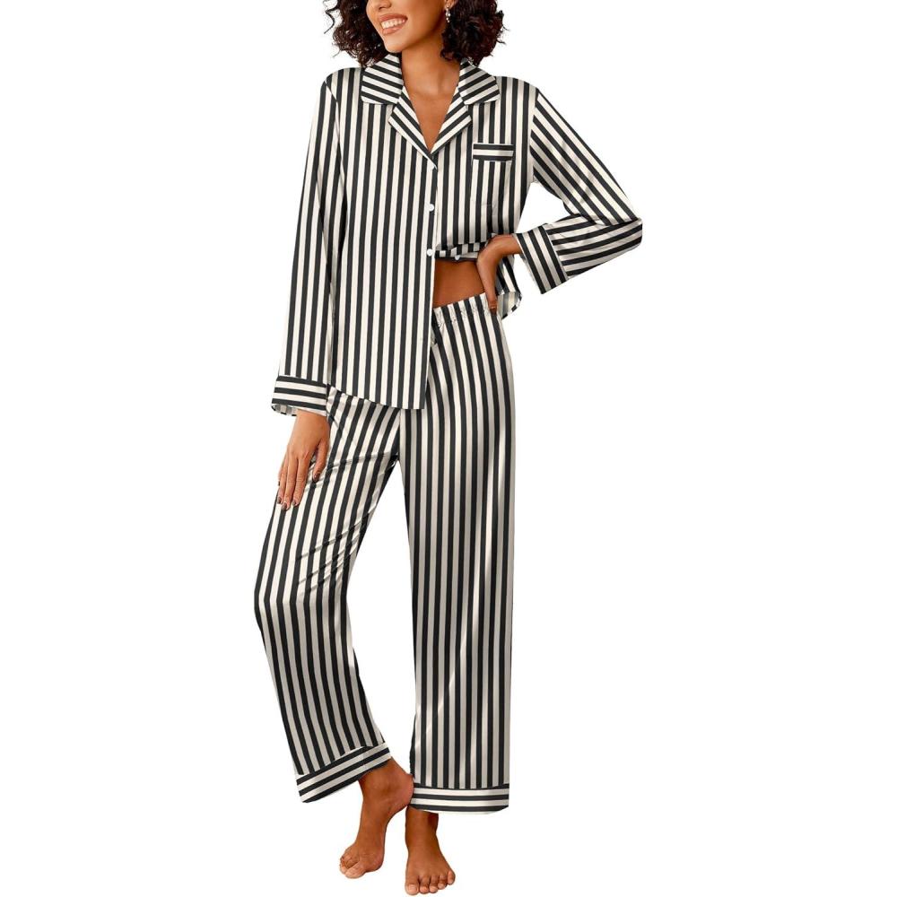 imageEkouaer Womens Silk Satin Pajama Sets 2 Piece Sleepwear Pjs Set Long Sleeve Button Down Top and Pants Stripe Loungewear SXXLBlack Champagne Stripe