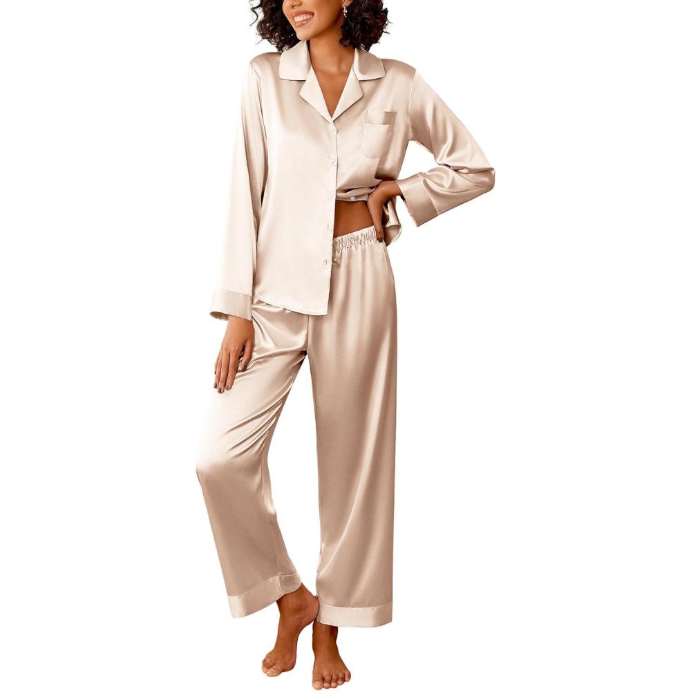 imageEkouaer Womens Silk Satin Pajama Sets 2 Piece Sleepwear Pjs Set Long Sleeve Button Down Top and Pants Stripe Loungewear SXXLChampagne