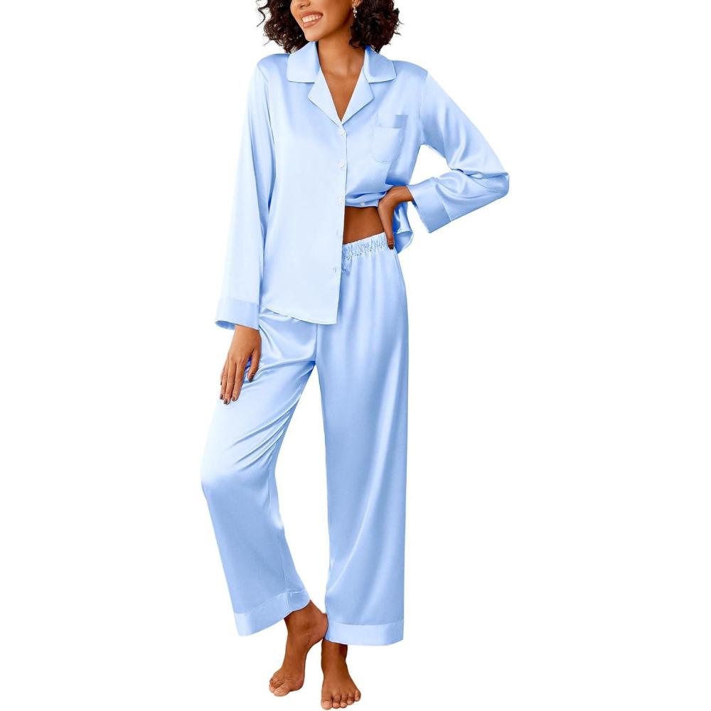imageEkouaer Womens Silk Satin Pajama Sets 2 Piece Sleepwear Pjs Set Long Sleeve Button Down Top and Pants Stripe Loungewear SXXLLight Blue
