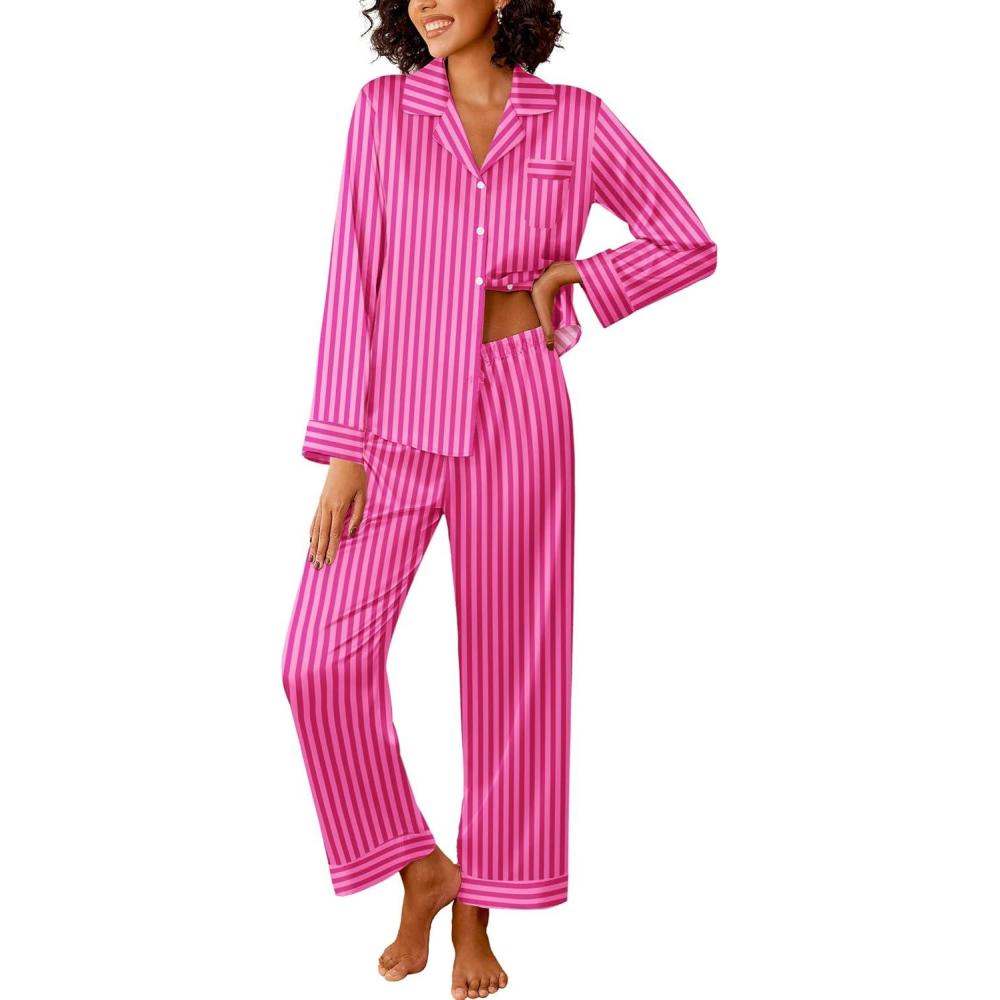 imageEkouaer Womens Silk Satin Pajama Sets 2 Piece Sleepwear Pjs Set Long Sleeve Button Down Top and Pants Stripe Loungewear SXXLRed Stripe