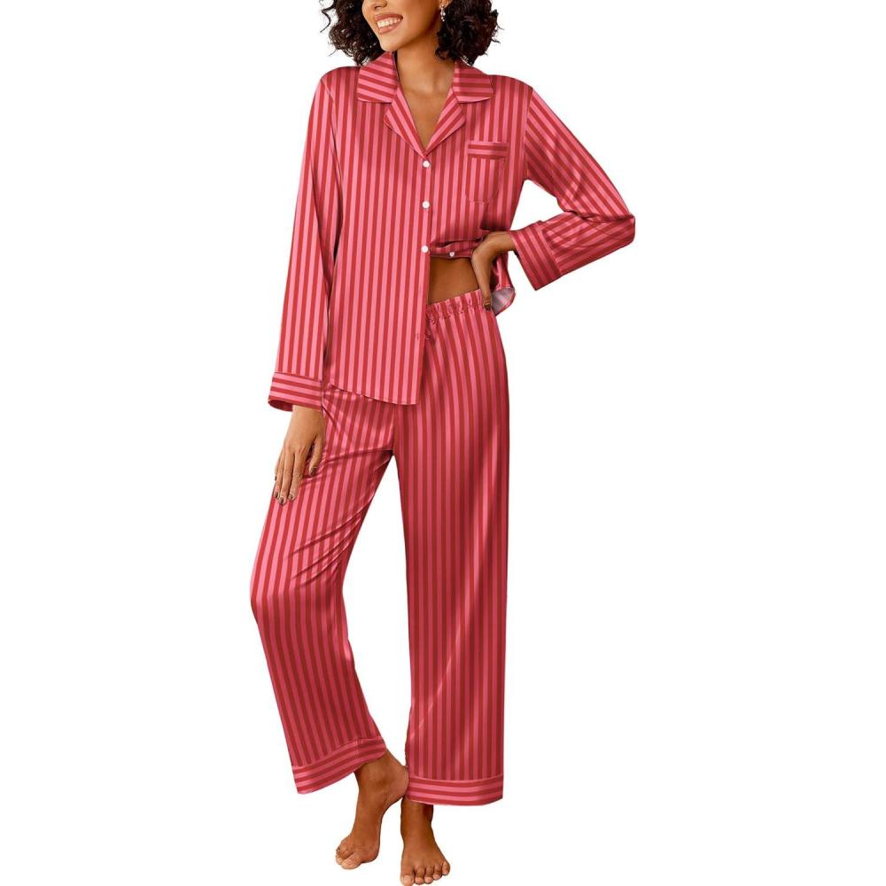 imageEkouaer Womens Silk Satin Pajama Sets 2 Piece Sleepwear Pjs Set Long Sleeve Button Down Top and Pants Stripe Loungewear SXXLRose Red Stripe
