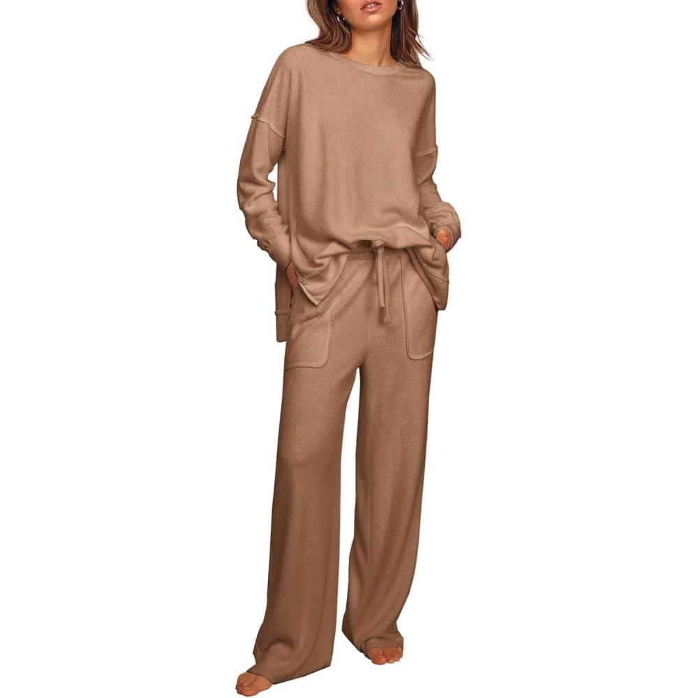 imageEkouaer Womens Tracksuits 2 Piece Long Sleeve Outfits Micro Fleece Sweatsuit Sets Wide Leg SweatpantsKhaki