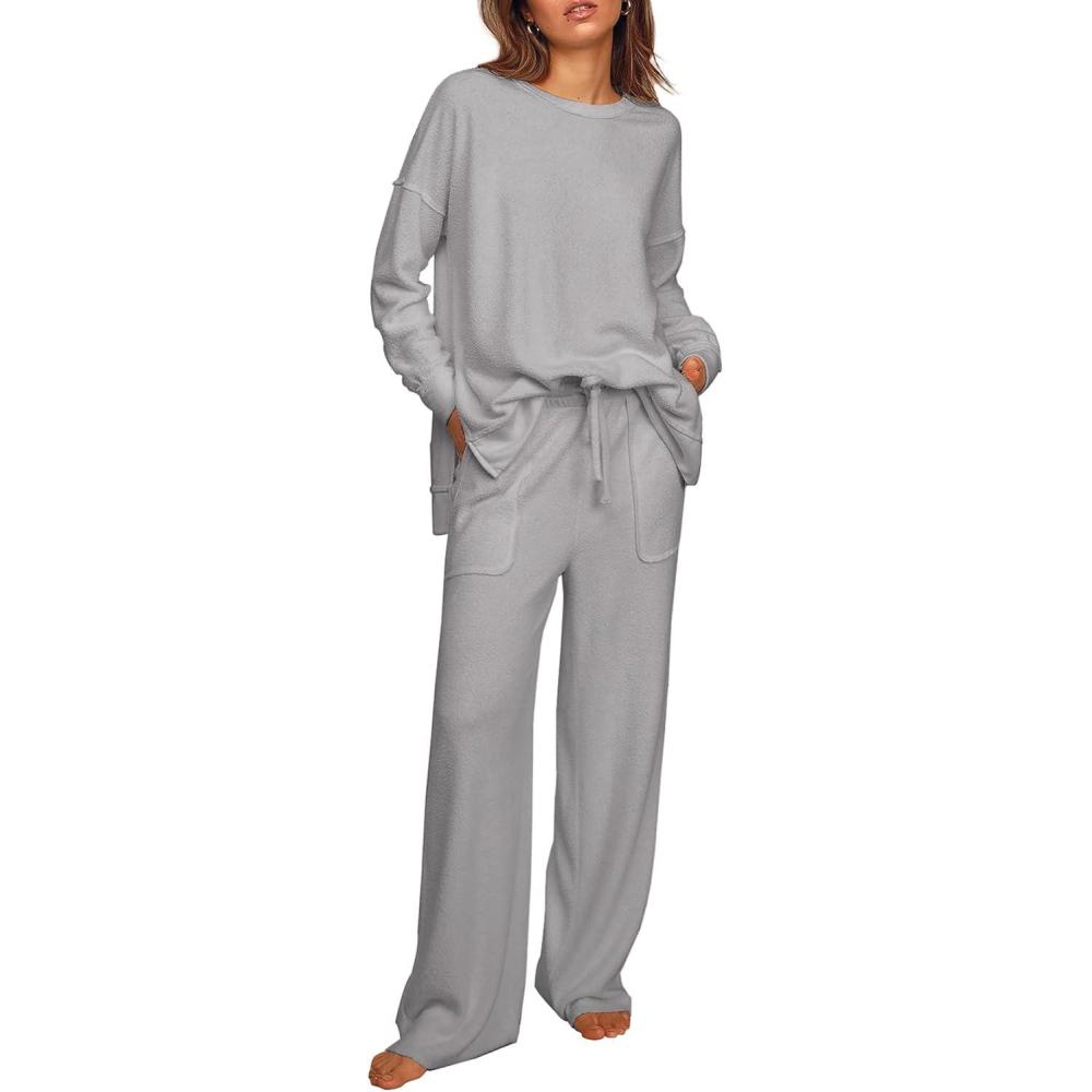 imageEkouaer Womens Tracksuits 2 Piece Long Sleeve Outfits Micro Fleece Sweatsuit Sets Wide Leg SweatpantsLight Grey