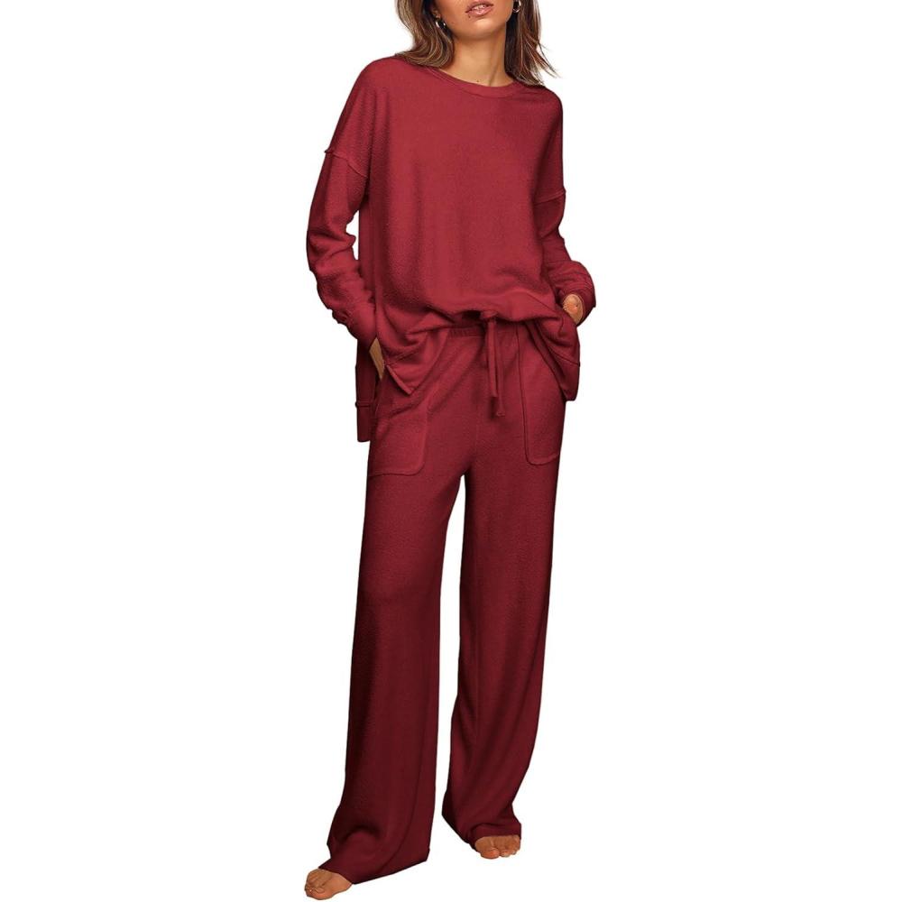 imageEkouaer Womens Tracksuits 2 Piece Long Sleeve Outfits Micro Fleece Sweatsuit Sets Wide Leg SweatpantsWine Red