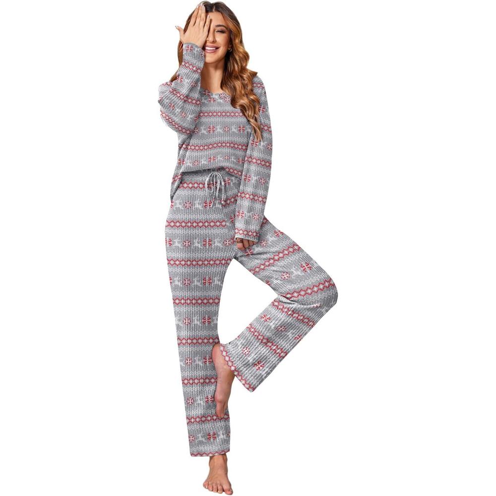 imageEkouaer Womens Waffle Knit Pajama Sets Comfy Long Sleeve Lounge Sets 2 Piece Matching Pj Sets with PocketsChristmas Grey