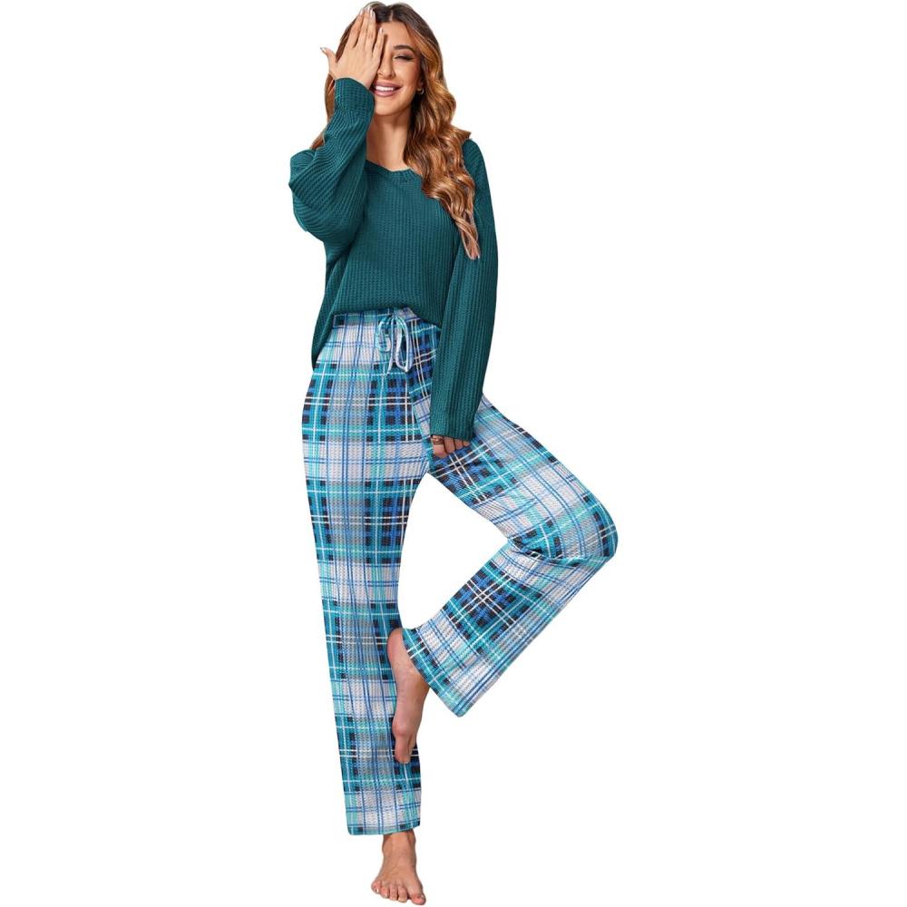 imageEkouaer Womens Waffle Knit Pajama Sets Comfy Long Sleeve Lounge Sets 2 Piece Matching Pj Sets with PocketsGreen Plaid