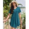 Ekouaer Nightgowns for Women Cotton Night Gowns Pleated Nightshirts Henley V Neck Sleepshirts Short Sleeve Sleepwear(Blue Green)