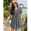 Ekouaer Nightgowns for Women Cotton Night Gowns Pleated Nightshirts Henley V Neck Sleepshirts Short Sleeve Sleepwear(Grey)