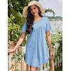 Ekouaer Nightgowns for Women Cotton Night Gowns Pleated Nightshirts Henley V Neck Sleepshirts Short Sleeve Sleepwear(Light Blue)