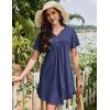 Ekouaer Nightgowns for Women Cotton Night Gowns Pleated Nightshirts Henley V Neck Sleepshirts Short Sleeve Sleepwear(Navy Blue)