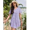 Ekouaer Nightgowns for Women Cotton Night Gowns Pleated Nightshirts Henley V Neck Sleepshirts Short Sleeve Sleepwear(Purple & Blue Dots)
